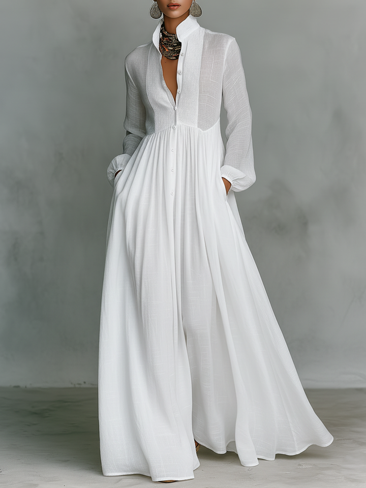 Patchwork Leinen Maxi Kleid Stehkragen