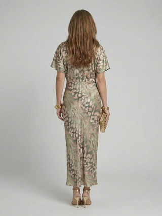 Coralie | Abstrakter Druck V-Ausschnitt Wickel Taille Midi Kleid