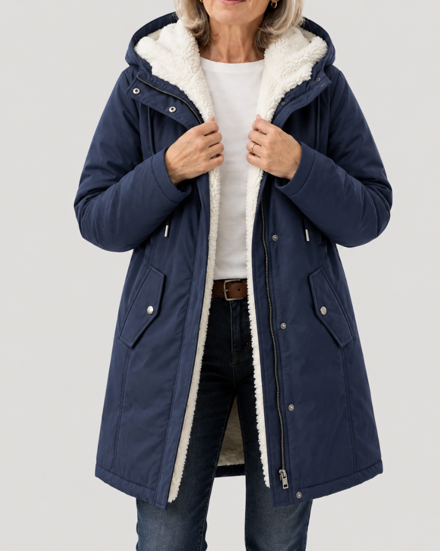 Mabyla | Warmer Mantel mit Sherpa-Futter und Kapuze für Damen