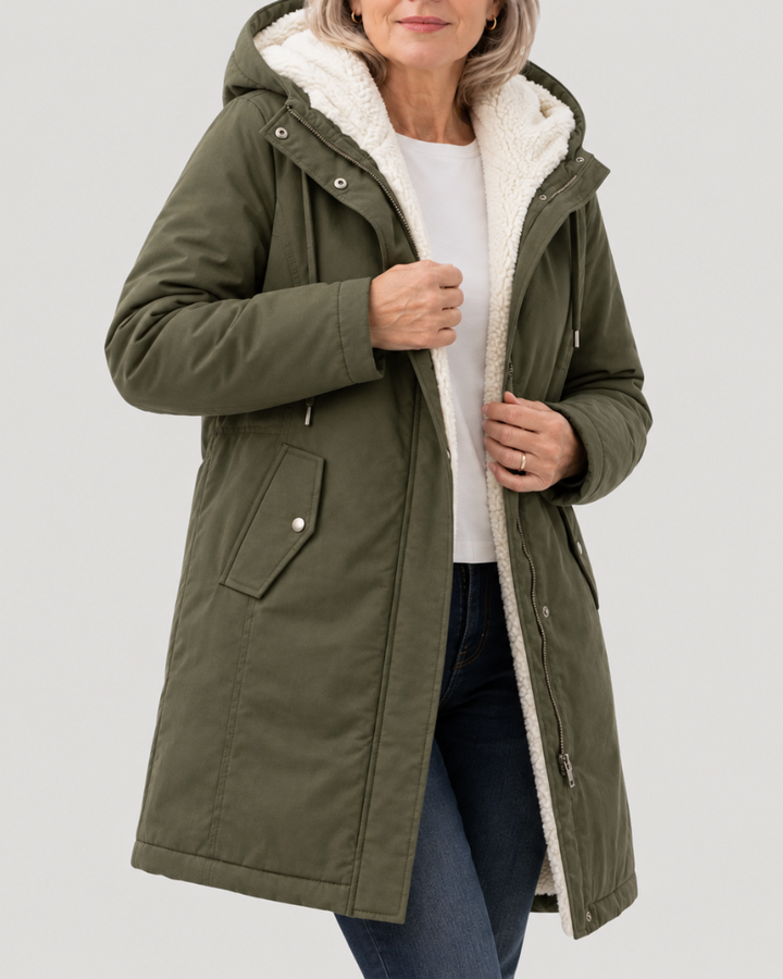 Mabyla | Warmer Mantel mit Sherpa-Futter und Kapuze für Damen