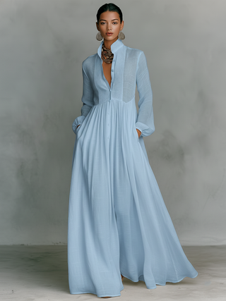 Patchwork Leinen Maxi Kleid Stehkragen