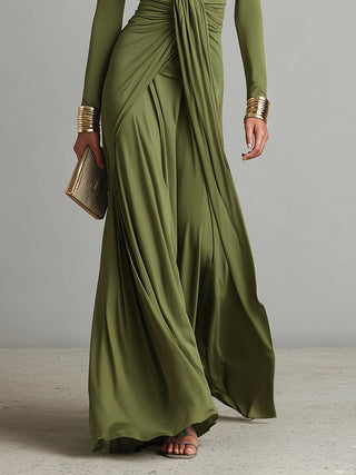 Oliv Seide Maxi Kleid V-Ausschnitt
