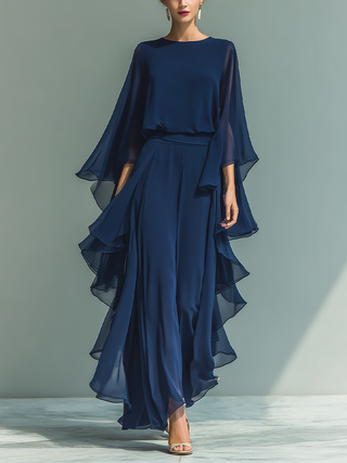 Marineblau Chiffon Set Rüschen