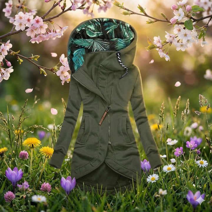 Mabyla | Lange Damen-Übergangsjacke mit Kapuze und Reißverschluss