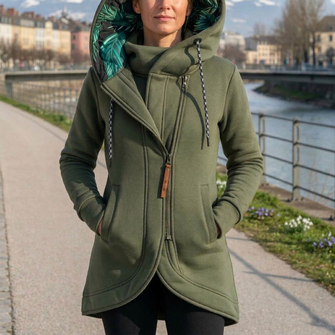 Mabyla | Lange Damen-Übergangsjacke mit Kapuze und Reißverschluss