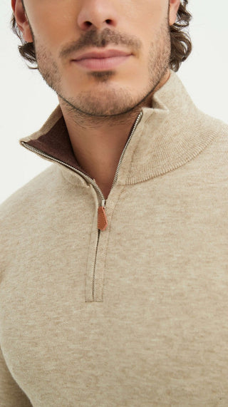 Malte | Beiger Pullover mit Halb-Reißverschluss
