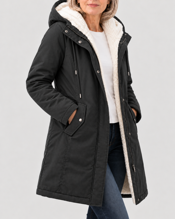 Mabyla | Warmer Mantel mit Sherpa-Futter und Kapuze für Damen