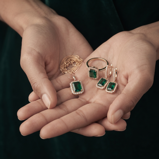 Mabyla | Smaragdgrüne Halskette mit passenden Ohrringen und Ring als Geschenk