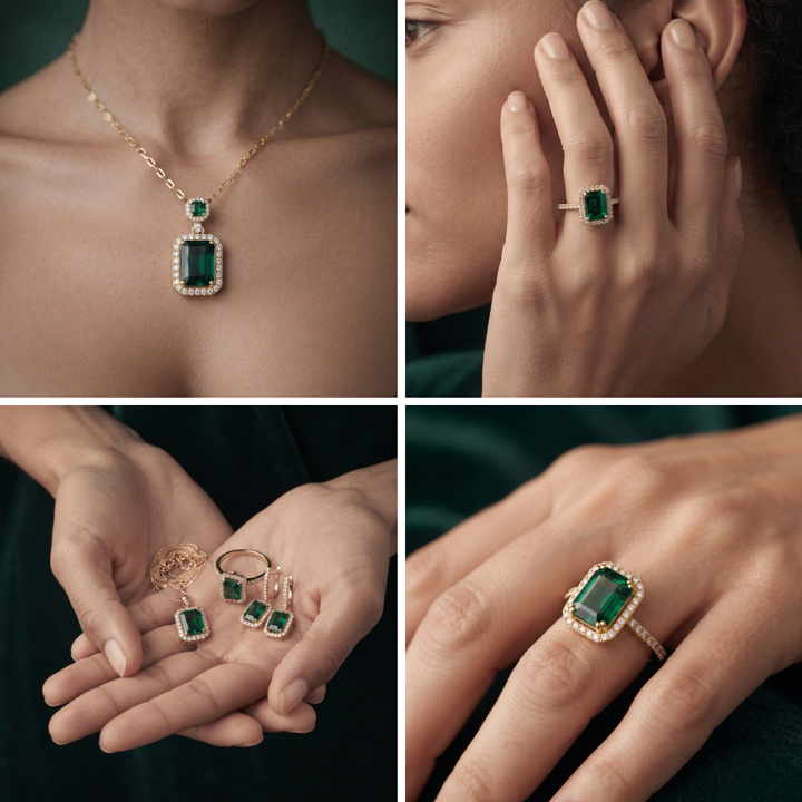 Mabyla | Smaragdgrüne Halskette mit passenden Ohrringen und Ring als Geschenk