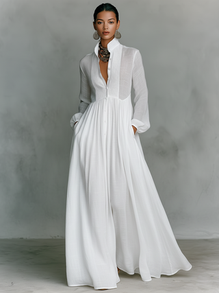 Patchwork Leinen Maxi Kleid Stehkragen