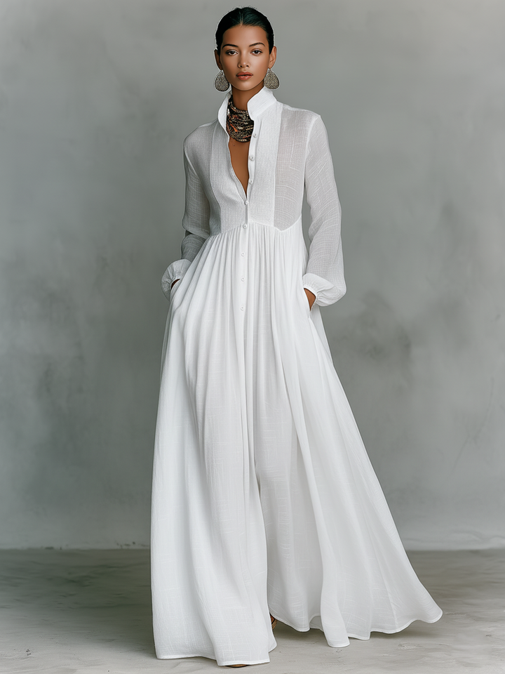 Patchwork Leinen Maxi Kleid Stehkragen