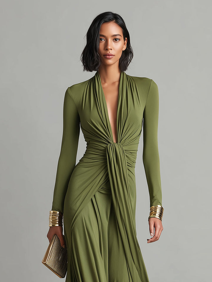 Oliv Seide Maxi Kleid V-Ausschnitt