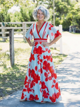 Corinne | V-Ausschnitt Kurzarm Blumenkleid