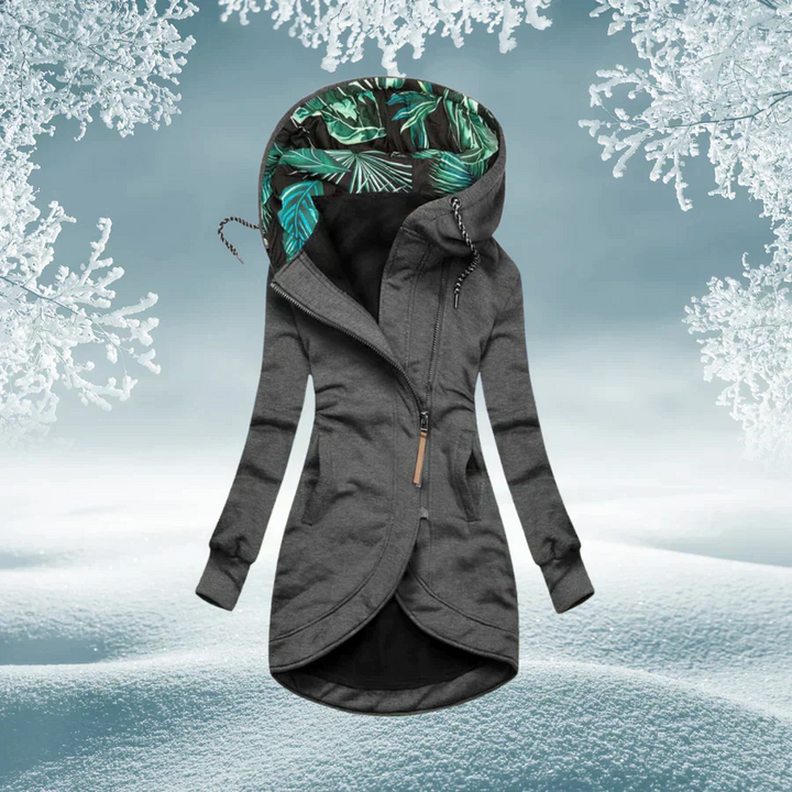 Mabyla | Lange Damen-Übergangsjacke mit Kapuze und Reißverschluss
