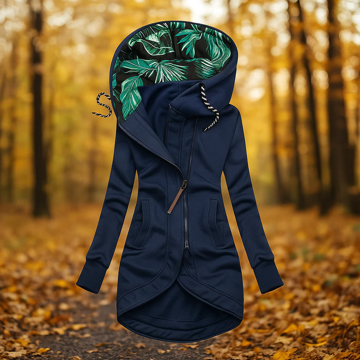 Mabyla | Lange Damen-Übergangsjacke mit Kapuze und Reißverschluss
