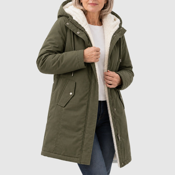 Mabyla | Warmer Mantel mit Sherpa-Futter und Kapuze für Damen