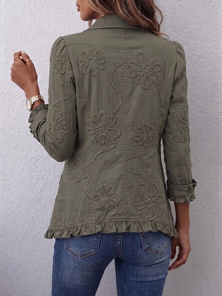Mabyla | Boho-Chic-Jacke mit floraler Stickerei, Retro-Grün und Rüschen