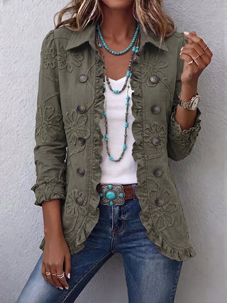 Mabyla | Boho-Chic-Jacke mit floraler Stickerei, Retro-Grün und Rüschen
