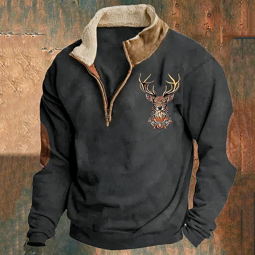 Mabyla | Warmer Pullover mit Viertelreißverschluss und Hirschmotiv