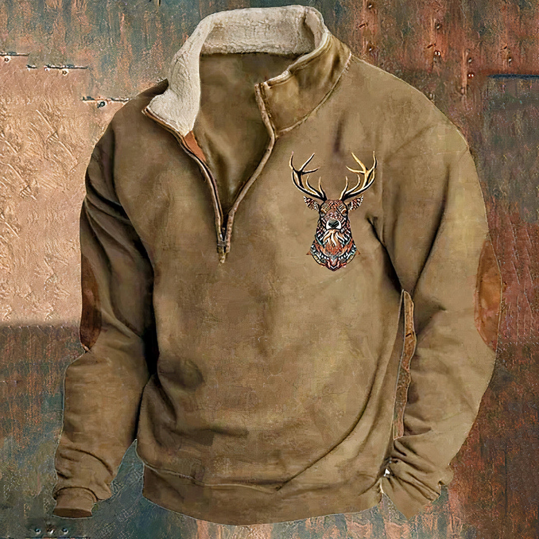 Mabyla | Warmer Pullover mit Viertelreißverschluss und Hirschmotiv