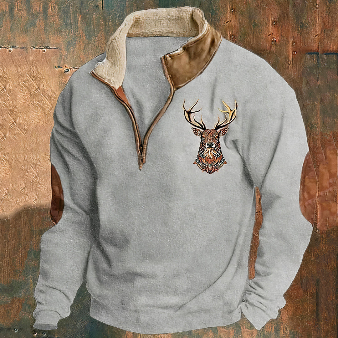 Mabyla | Warmer Pullover mit Viertelreißverschluss und Hirschmotiv